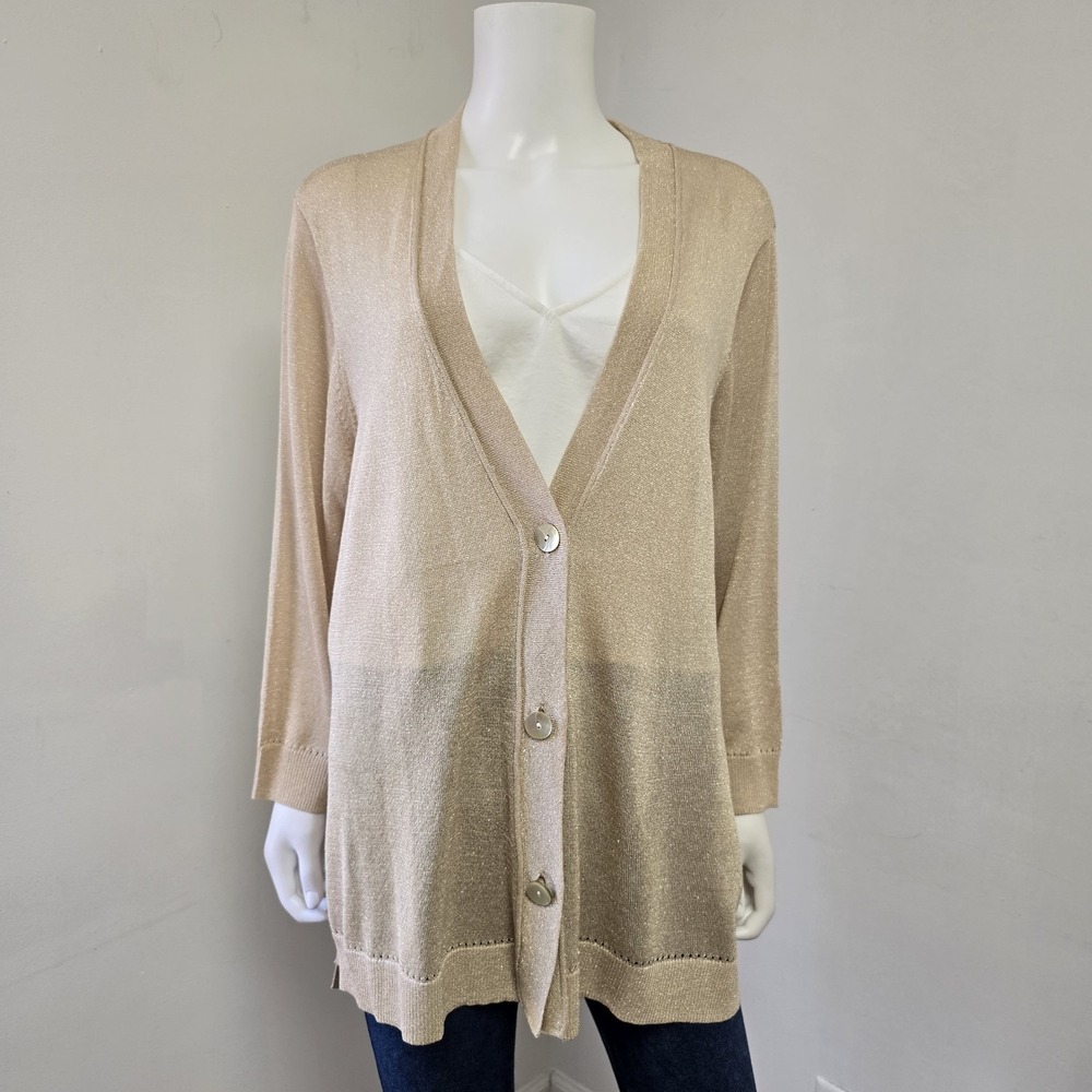 Chicos Cardigan Sweater Gold Shimmer Button Front V-Neck Size 4 XXL 3/4 Slv NWT